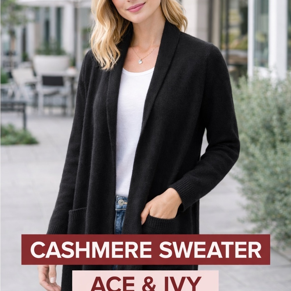 Ace Ivy Cashmere Cardigan Open Front Black Sweater Size M